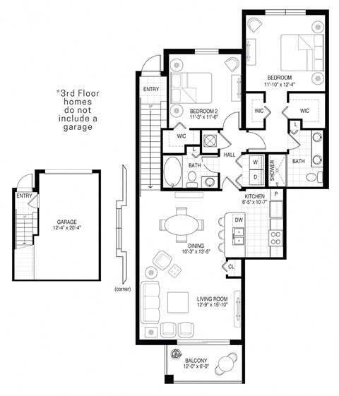 Floor plan for 2 beds, 2 baths, 1175 sqft